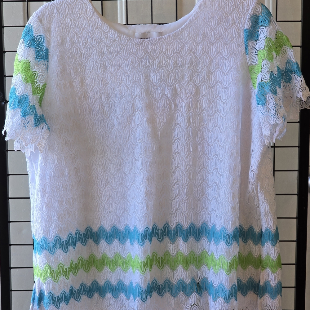 Alfred Dunner White Blouse with Blue and Green Accents